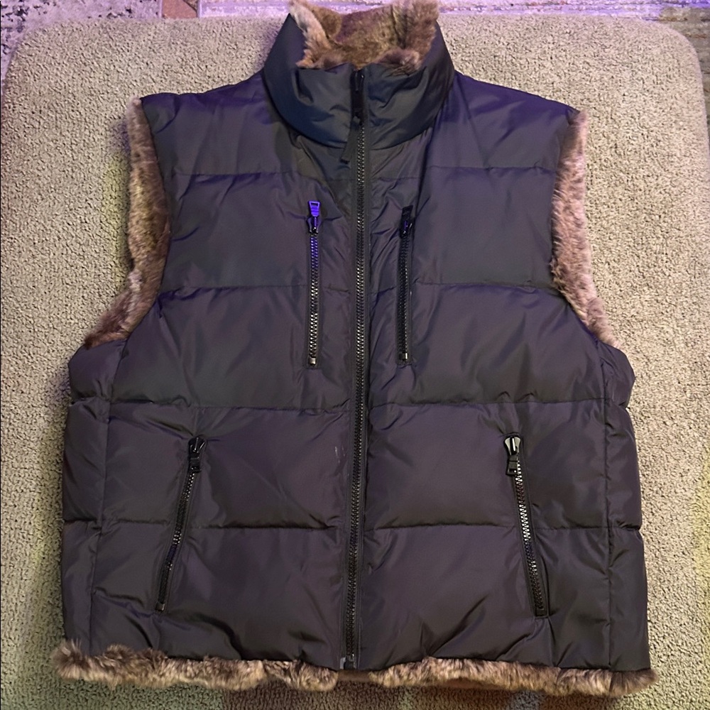 Andrew Marc Black Reversible Vest with Tan Fur Accents